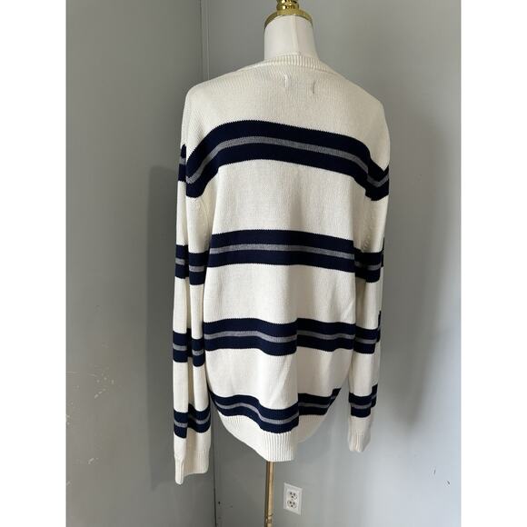 Chaps Ralph Lauren Unisex Crewneck Cotton Striped Blue Cream Sweater Size Large - Picture 8 of 8
